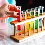 Brightly colored test tubes filled with liquids in a wooden test tube rack, ideal for science experiments and educational activities.