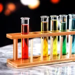 Test tubes with vibrant colored liquids in a wooden rack for science experiments.