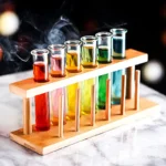 Brightly colored liquids in test tubes on a wooden rack, showcasing a science experiment setup.
