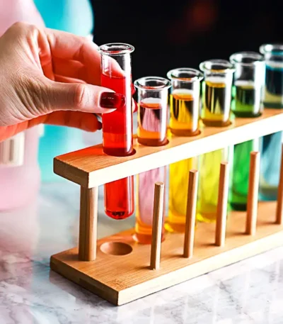 Brightly colored test tubes filled with liquids in a wooden test tube rack, ideal for science experiments and educational activities.