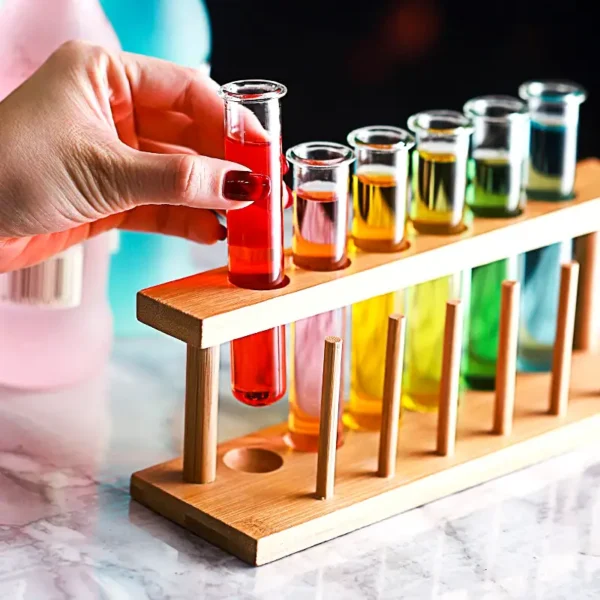 Brightly colored test tubes filled with liquids in a wooden test tube rack, ideal for science experiments and educational activities.