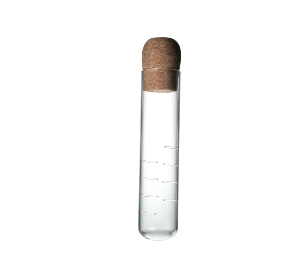 Clear glass test tube with cork stopper, used for scientific experiments and educational demonstrations.