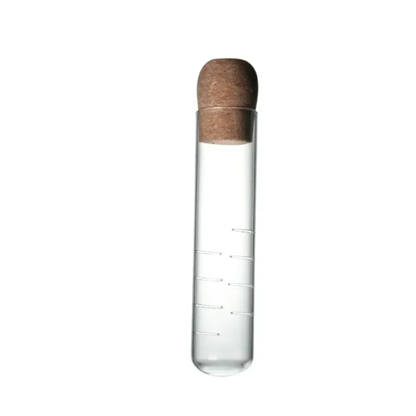 Clear glass test tube with cork stopper, used for scientific experiments and educational demonstrations.
