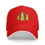 Bright red baseball cap featuring embroidered green mushrooms with purple and pink accents, perfect for science-themed fashion or educational gifts.