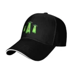 Black baseball cap featuring embroidered green alien mushrooms with pink spots, perfect for science and space enthusiasts.