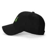 Black baseball cap featuring a small, integrated green digital thermometer on the front panel, designed for temperature monitoring during outdoor activities.