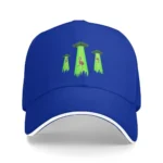 Blue baseball cap featuring embroidered green alien mushrooms with pink accents, perfect for science-themed fashion or educational events.