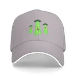 Gray baseball cap featuring embroidered UFOs and aliens with green beams, perfect for science and space enthusiasts.