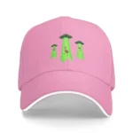 Pink baseball cap featuring embroidered UFOs and aliens, perfect for science-themed fashion and casual wear.