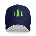 Navy blue baseball cap with embroidered UFOs and flamingos, featuring green glow-in-the-dark effects, perfect for science and space-themed fashion.