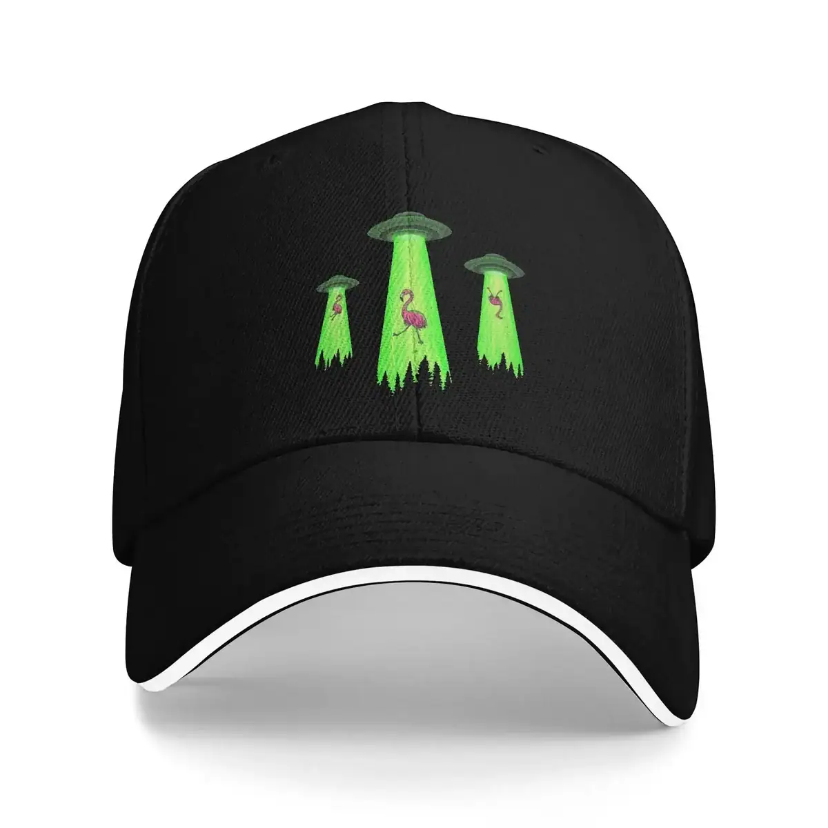 Mystical UFO Embroidered Cap Black baseball cap featuring glowing UFO and alien embroidery with vibrant green and pink accents, perfect for sci-fi enthusiasts and casual wear.