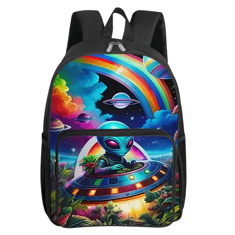 Space Alien and UFO Backpack for Kids Colorful space-themed backpack featuring an alien and UFO design, perfect for children interested in science, space exploration, and educational toys.