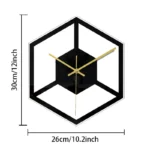 Stylish 3D cube wall clock with black and gold accents, measuring 30cm x 26cm, perfect for contemporary home or office decor.