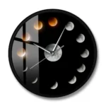Modern moon phase wall clock showing lunar cycle stages, perfect for science decor and educational spaces. Features detailed moon images from new moon to full moon.