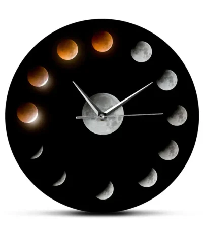 Modern wall clock featuring the different phases of the moon, perfect for astronomy enthusiasts and science decor.