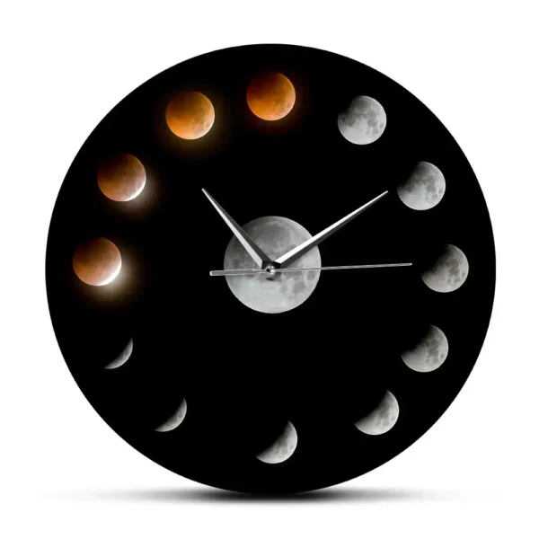 Modern wall clock featuring the different phases of the moon, perfect for astronomy enthusiasts and science decor.