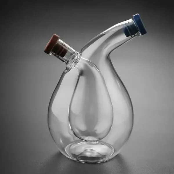 An elegant glass laboratory container featuring two angled openings with colored caps, ideal for science experiments and educational demonstrations.