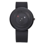 Modern black watch featuring a unique geometric dial design with red and white accents, perfect for science and tech enthusiasts.