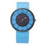Modern blue watch with rotating dial design, perfect for science enthusiasts and educational purposes. Features a unique circular display with colorful indicators.