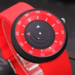 Colorful children's stopwatch toy with red strap and black dial, featuring adjustable timer controls for educational play and time learning.