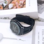 Stylish black and silver geometric wristwatch with a sleek design, perfect for everyday wear and fashion statements.