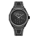 Black wristwatch featuring a humorous quote "Who cares, I'm already late" and a distinctive clock face with irregular numbers.