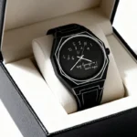 Stylish black wristwatch featuring a distinctive dial with white numerals and hands, presented in an elegant box, perfect for fashion and gift enthusiasts.