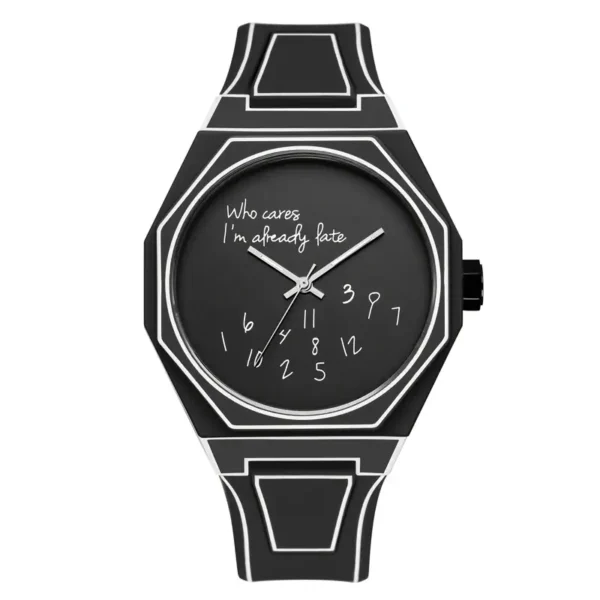 Black wristwatch featuring a humorous quote "Who cares, I'm already late" and a distinctive clock face with irregular numbers.