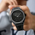 Modern black wristwatch featuring a quote display that reads "Who cares I'm already late," combining style and humor for casual wear.