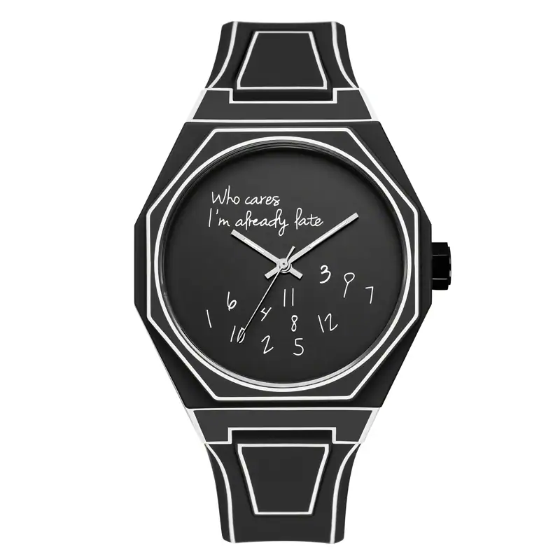 Watch with a humorous quote and unique clock face design Black wristwatch featuring a humorous quote "Who cares, I'm already late" and a distinctive clock face with irregular numbers.