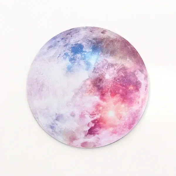 Artistic depiction of the moon with pink and blue hues, showcasing different lunar phases on a circular canvas.