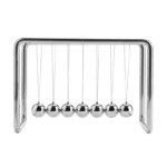 Newton's Cradle with six metal balls demonstrating conservation of momentum and energy. Perfect for science enthusiasts, educational settings, or as a stylish desk accessory.