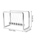 Small metallic Newton's Cradle with five balls, demonstrating physics principles of momentum and energy transfer, ideal for educational science decor and toys.