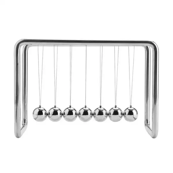 Newton's Cradle with six metal balls demonstrating conservation of momentum and energy. Perfect for science enthusiasts, educational settings, or as a stylish desk accessory.