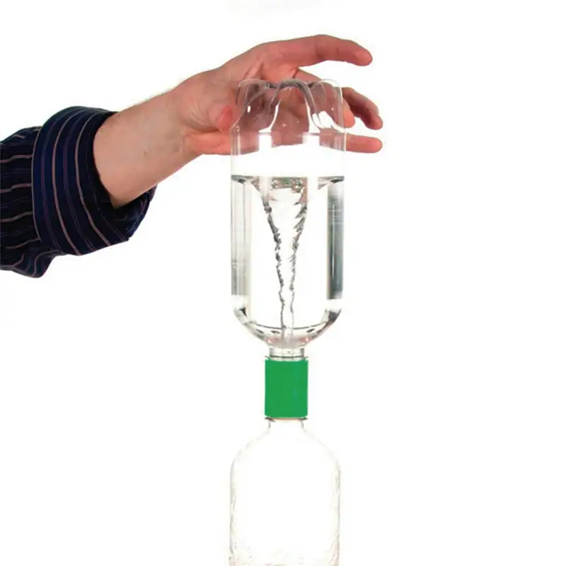 Magnetic Water Vortex Demonstration Hand holding a clear plastic container with swirling water vortex, demonstrating fluid dynamics for educational purposes.