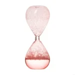 Pink glass sand timer with flowing sand, ideal for science experiments and educational demonstrations.