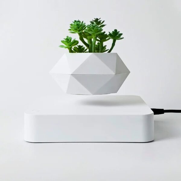 A modern geometric white pot with green succulent plant, placed on a sleek white charging station.
