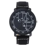 Analog wristwatch featuring mathematical and trigonometric functions, including sine, cosine, and tangent, with a black dial and leather strap.