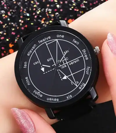 Stylish black wristwatch featuring a dial with mathematical functions, trigonometry, and algebra symbols, perfect for math enthusiasts and students.