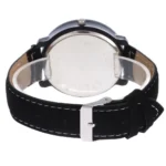 Classic black wristwatch with silver accents, featuring a leather strap and stainless steel back, suitable for everyday wear and fashion statements.