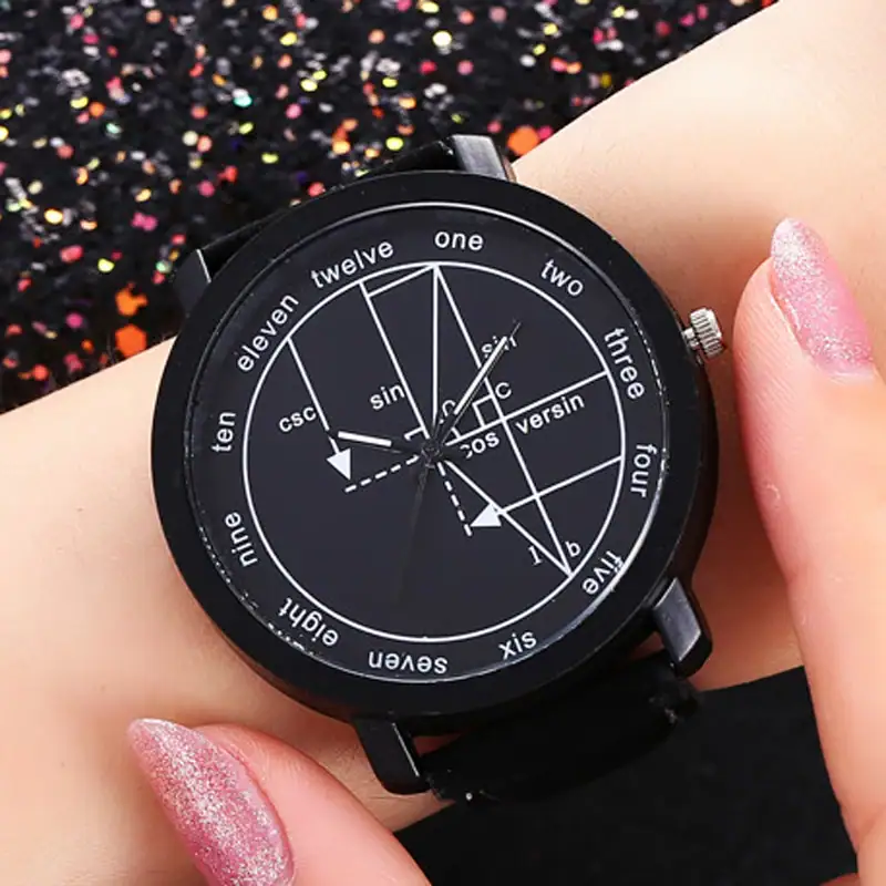 Math Watch with Trigonometry and Mathematical Functions Stylish black wristwatch featuring a dial with mathematical functions, trigonometry, and algebra symbols, perfect for math enthusiasts and students.