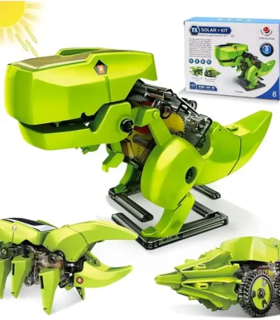 Solar-powered robot dinosaur with moving limbs and tail, perfect for STEM learning and fun. Includes assembly instructions and eco-friendly solar panel for sustainable play.