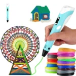 A person using a magnetic drawing pen to create 3D art with colorful filament, alongside a Ferris wheel model and a small house sculpture, showcasing creative science gadgets.