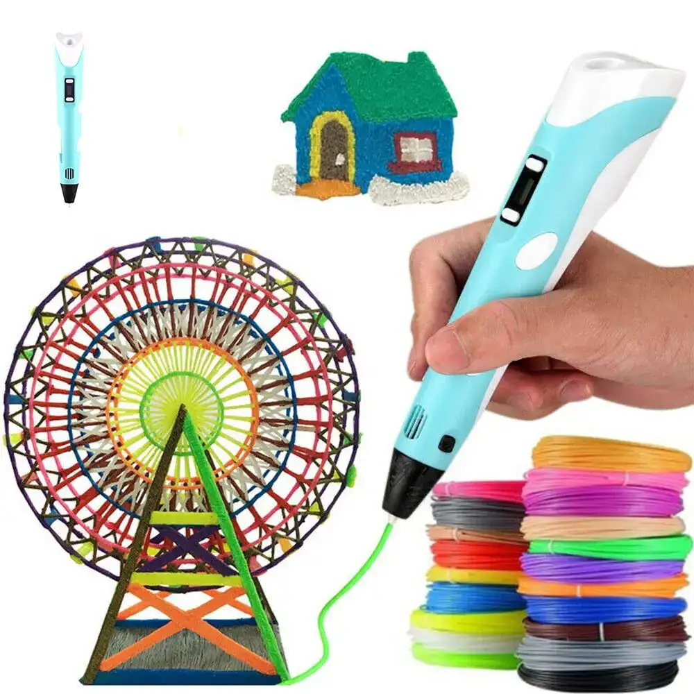 Magnetic Drawing Pen with Colorful 3D Printing Filament A person using a magnetic drawing pen to create 3D art with colorful filament, alongside a Ferris wheel model and a small house sculpture, showcasing creative science gadgets.