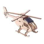 Wooden helicopter toy with solar-powered rotor and detailed design.