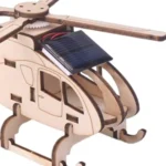 Solar-powered wooden helicopter toy with a small solar panel attached to the top, designed for educational and decorative purposes.