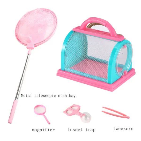 Pink and blue metal telescopic mesh insect catchers with magnifier, insect trap, and tweezers for educational science exploration.