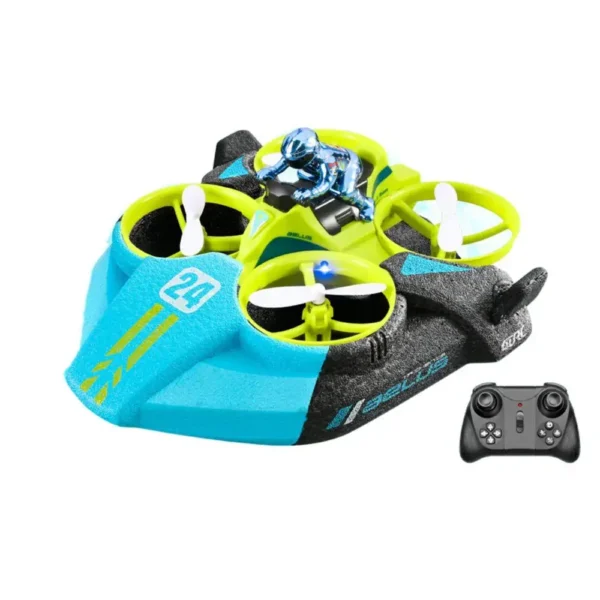 Small blue and yellow racing drone with four propellers, a black controller, and a tiny astronaut figurine on top, designed for educational and recreational use.