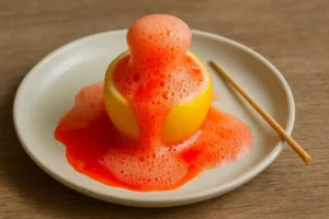 A colorful science experiment with a foam eruption resembling a bubbling volcano on a white plate.