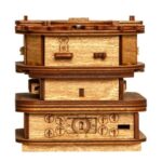 Intricate wooden mechanical puzzle box with gears and levers, perfect for science and engineering enthusiasts. Handcrafted educational toy for problem-solving and STEM learning.